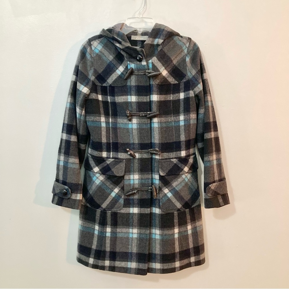 4/$10 - Etam Hooded Plaid Dress Coat - Blue/Grey